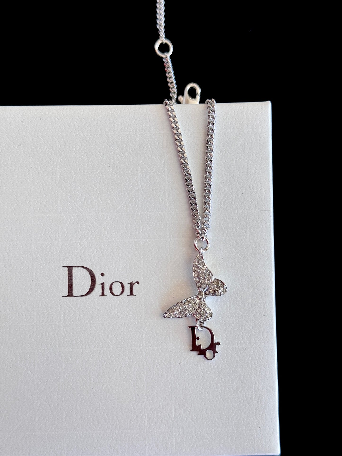 Dior Vintage Crystal Butterfly “D” Charm Necklace