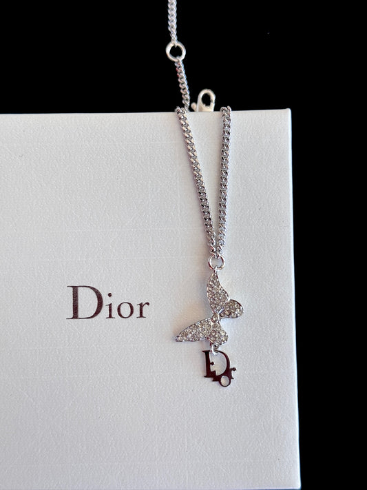 Dior Vintage Crystal Butterfly “D” Charm Necklace