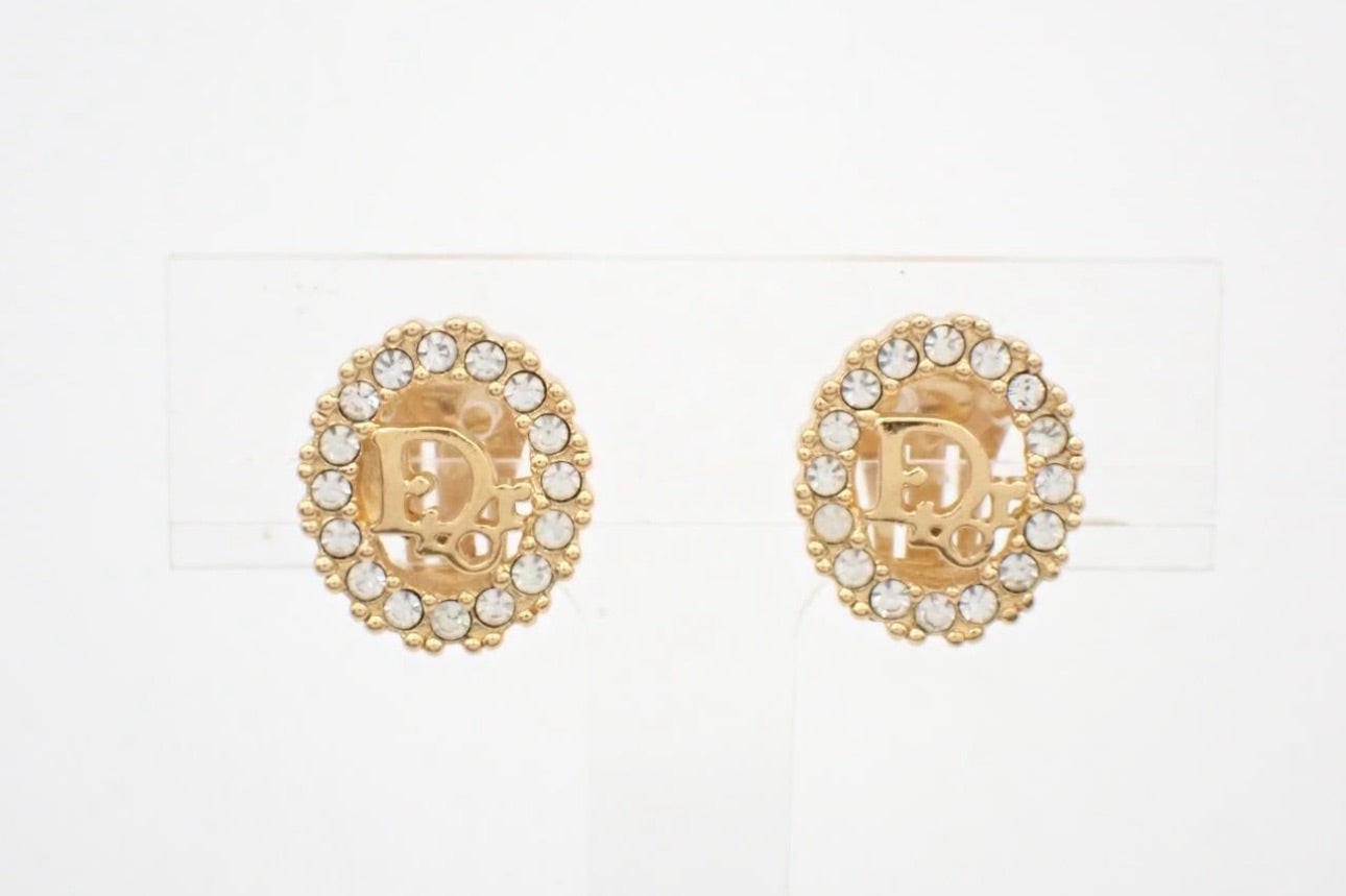 Dior Oval CD Crystal Stud Earrings – Gold Tone