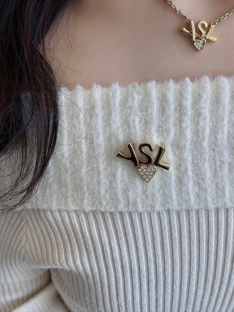 YSL Vintage Gold Logo &amp; Crystal Heart Brooch