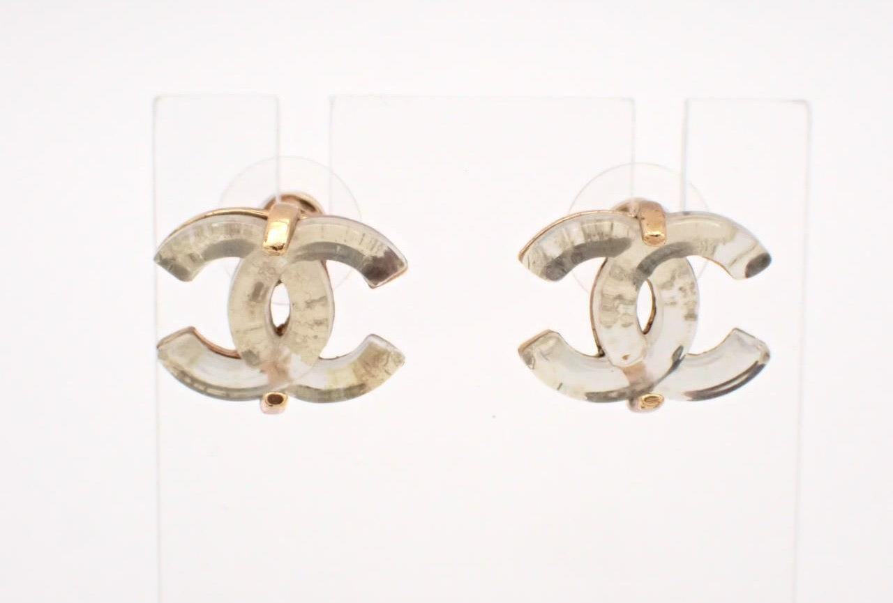 Chanel 2002 Transparent CC Plated Gold Stud Earrings