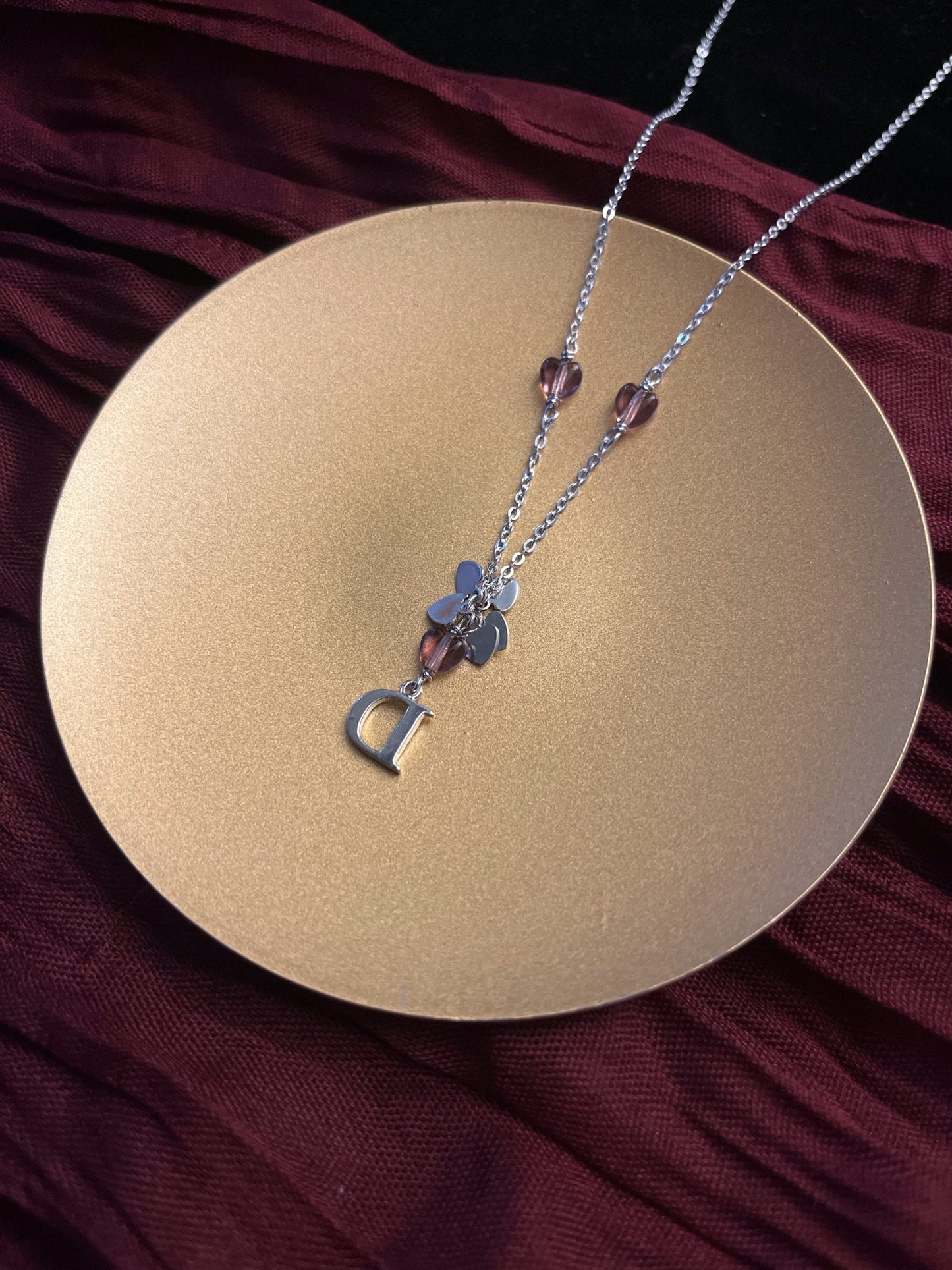 Dior Vintage Silver Heart & Rhinestone “D” Pendant Necklace