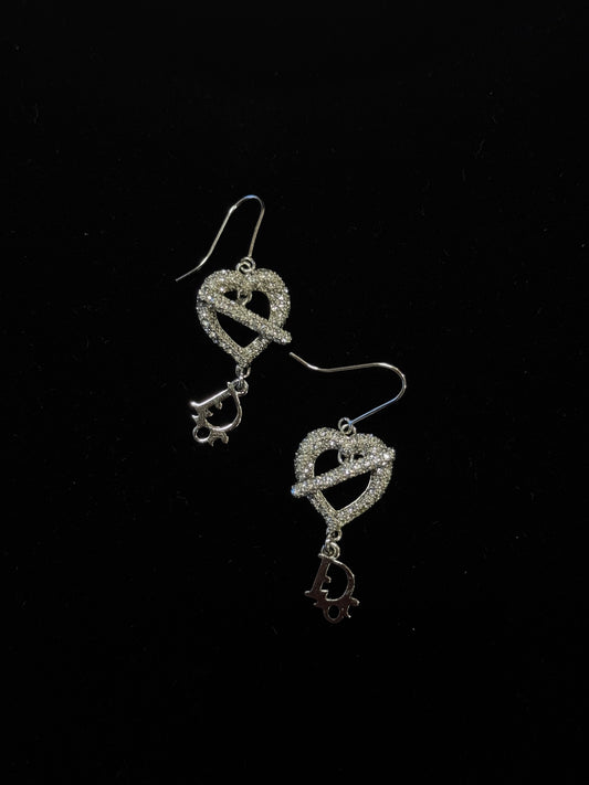 Vintage Dior Crystal Heart Drop Earrings – Silver Tone