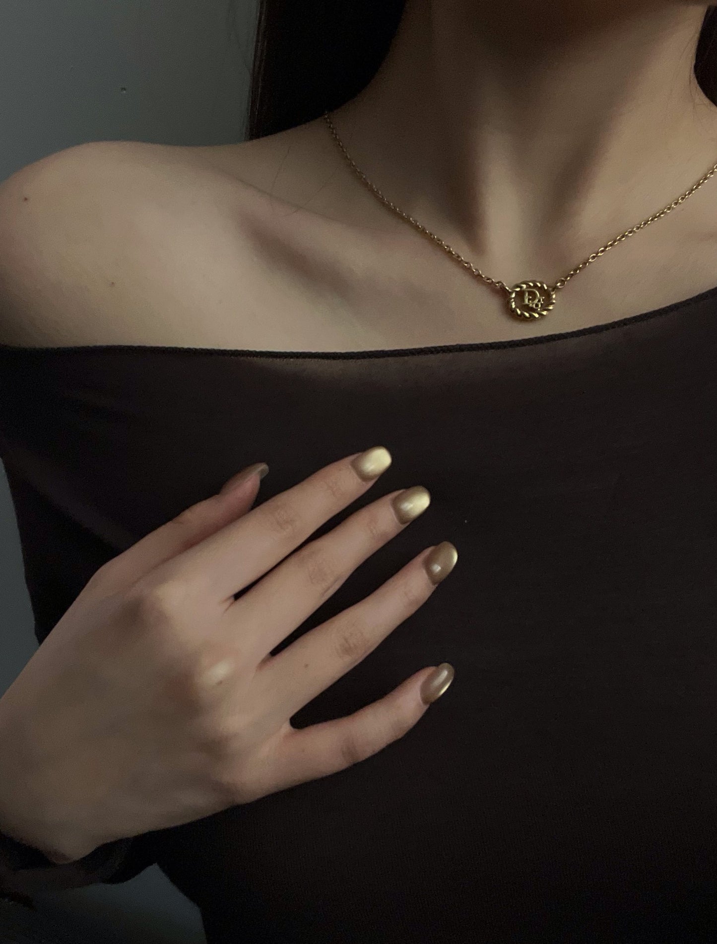 Vintage Dior Gold Rope-Frame Logo Pendant Necklace