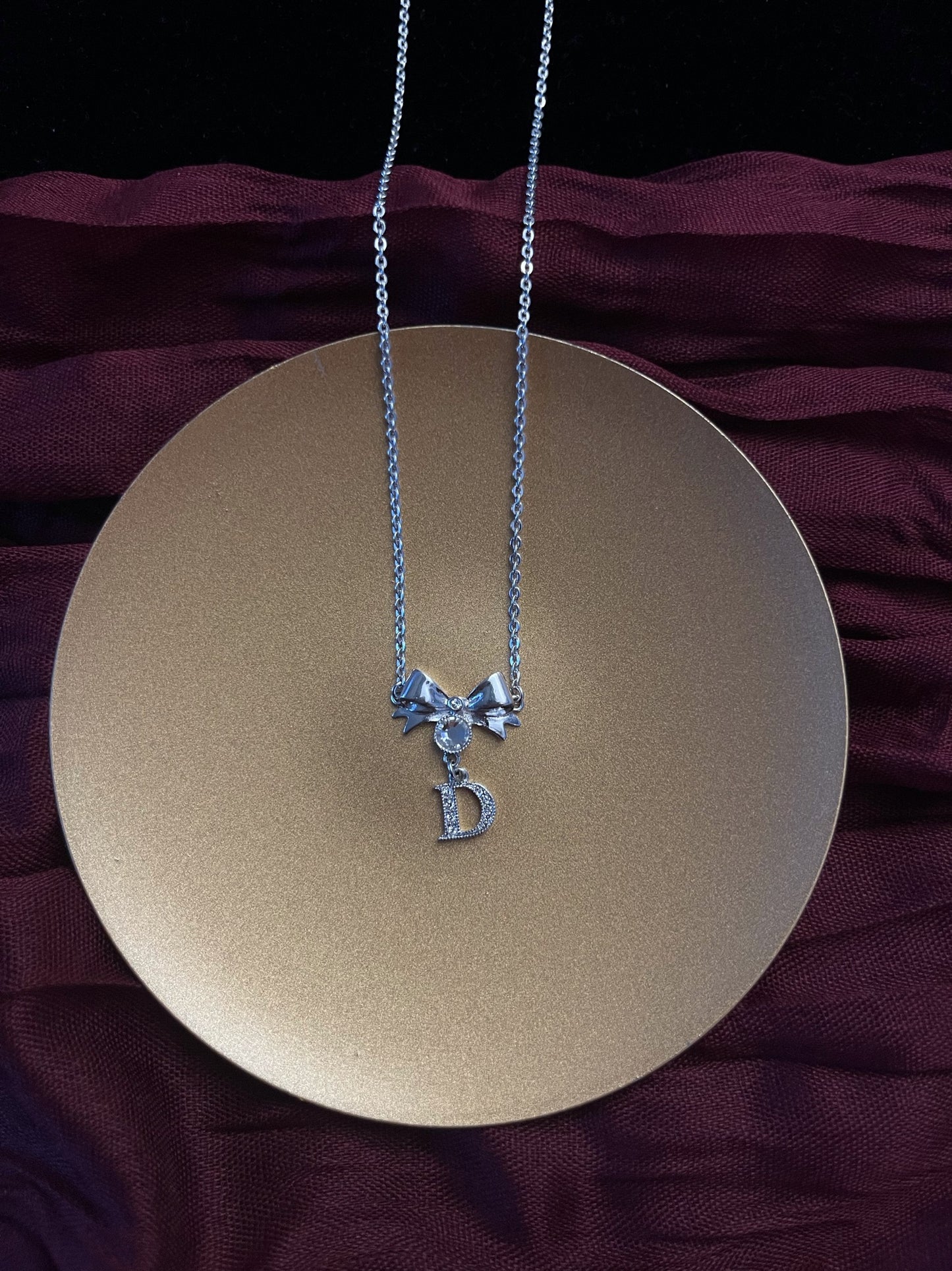 Vintage Dior Silver Bow & Crystal 'D’ Logo Pendant Necklace