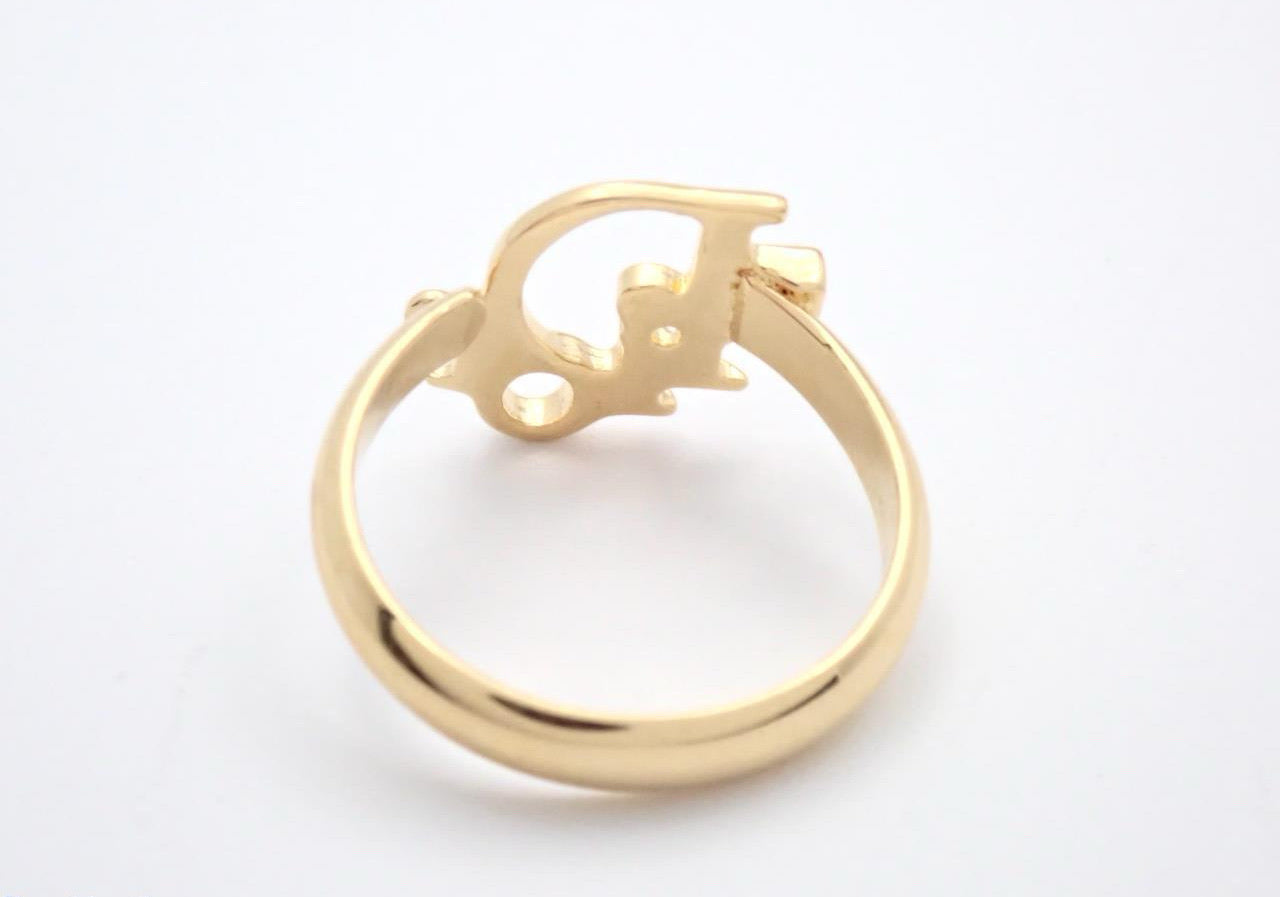 Vintage Dior Gold-Tone “D” Charm Ring with Crystal Accent
