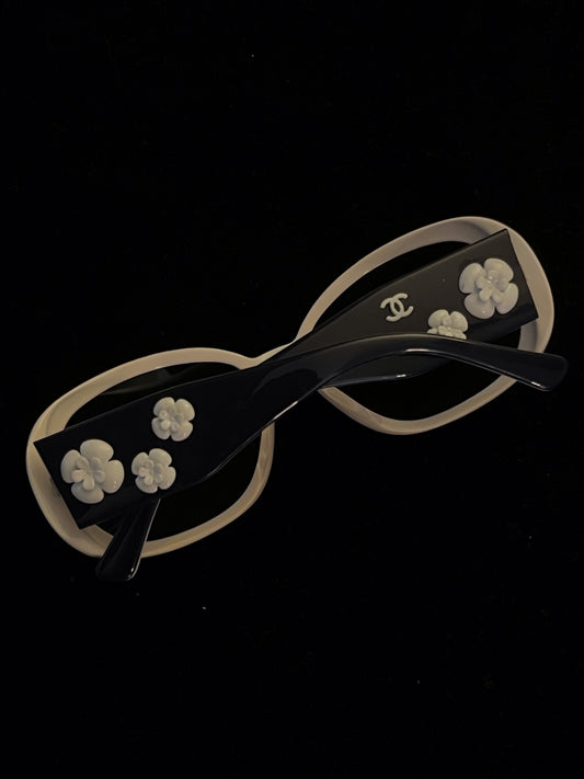 Chanel 2000s Camellia CC Black & Off-White Oversized Sunglasses
