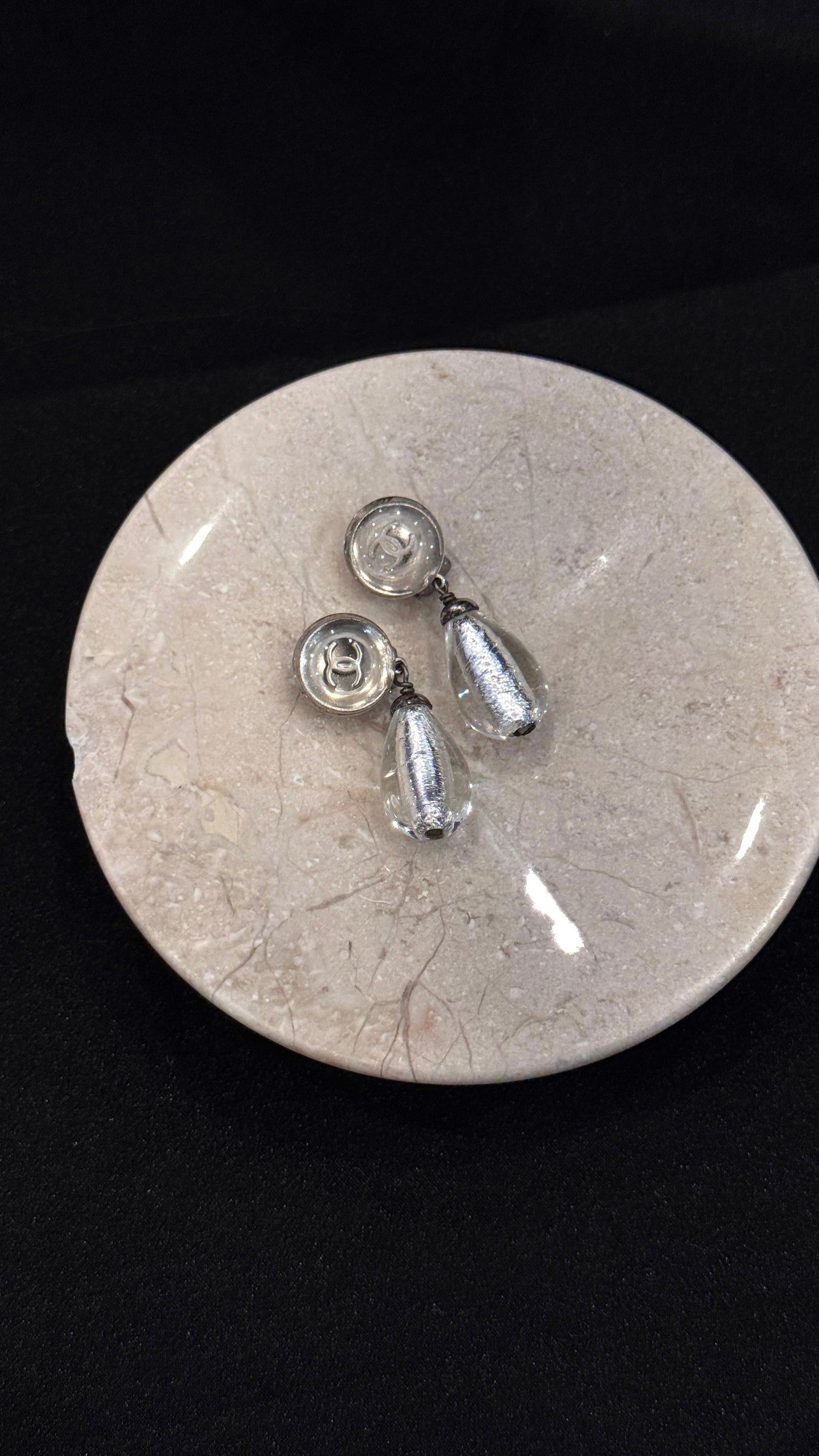 Chanel 1999 Rare CC Glass Drop Earrings (Silver Tone)