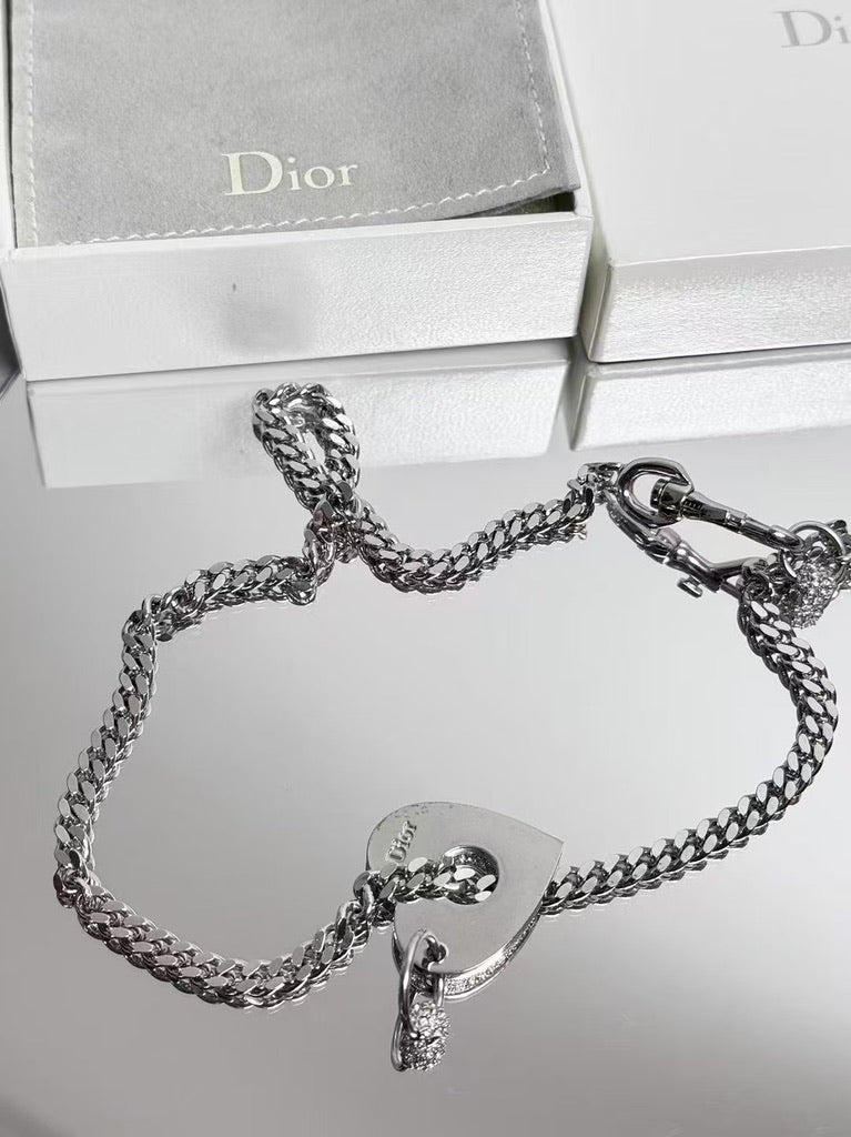 Dior Silver-Tone Chunky Chain Necklace with Heart Lock Pavé Charm