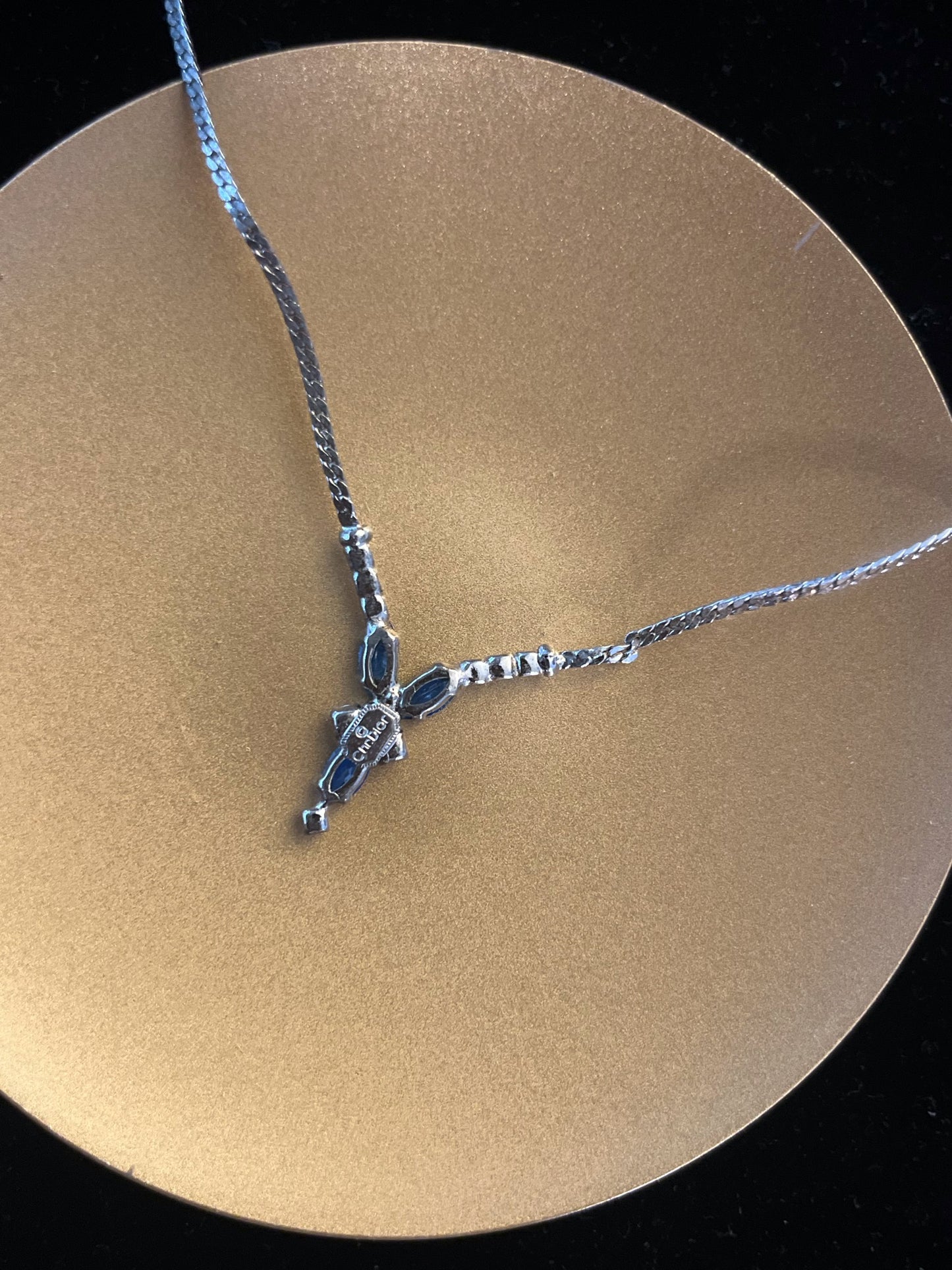 Vintage Dior Blue Crystal Drop Necklace – Silver Tone