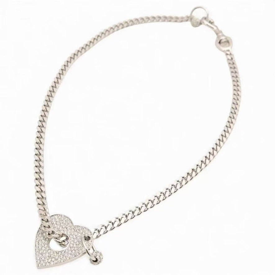Dior Silver-Tone Chunky Chain Necklace with Heart Lock Pavé Charm