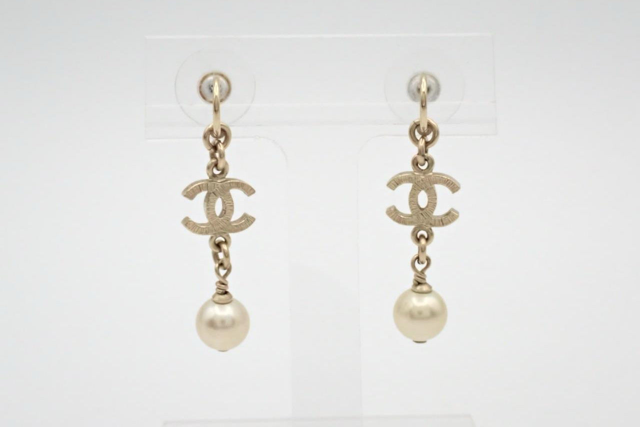 Chanel Gold-Tone CC Pearl Drop Earrings