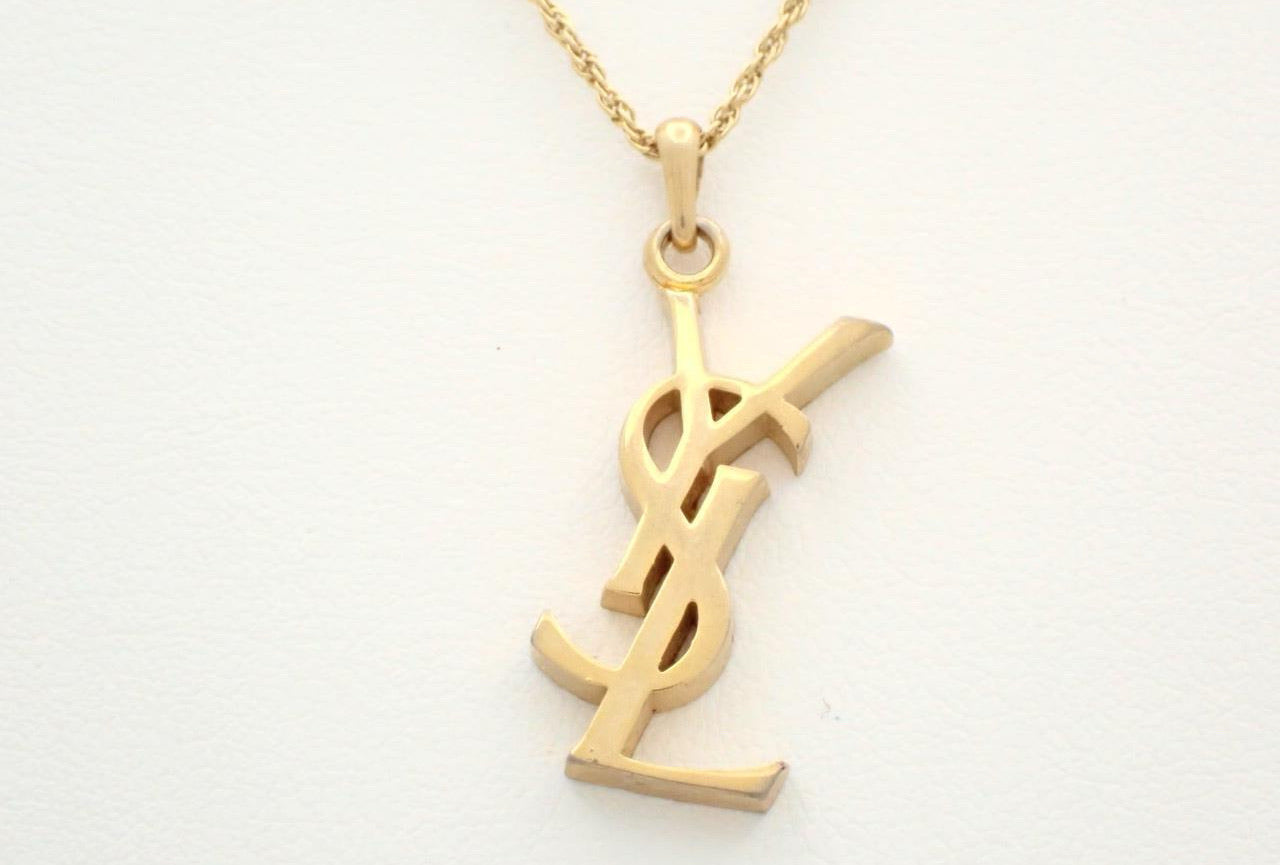 Vintage Yves Saint Laurent YSL Logo Pendant Necklace (Gold Tone)