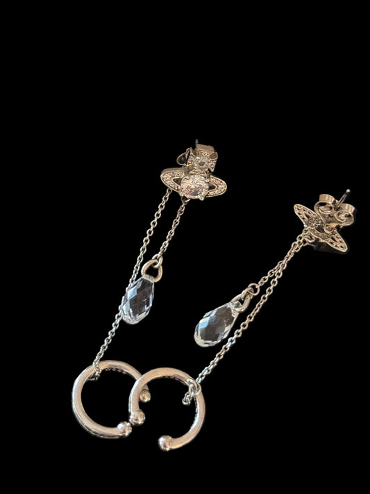 Vivienne Westwood 2010s "Celestial Drip" Crystal Orb Asymmetric Chain Drop Earrings