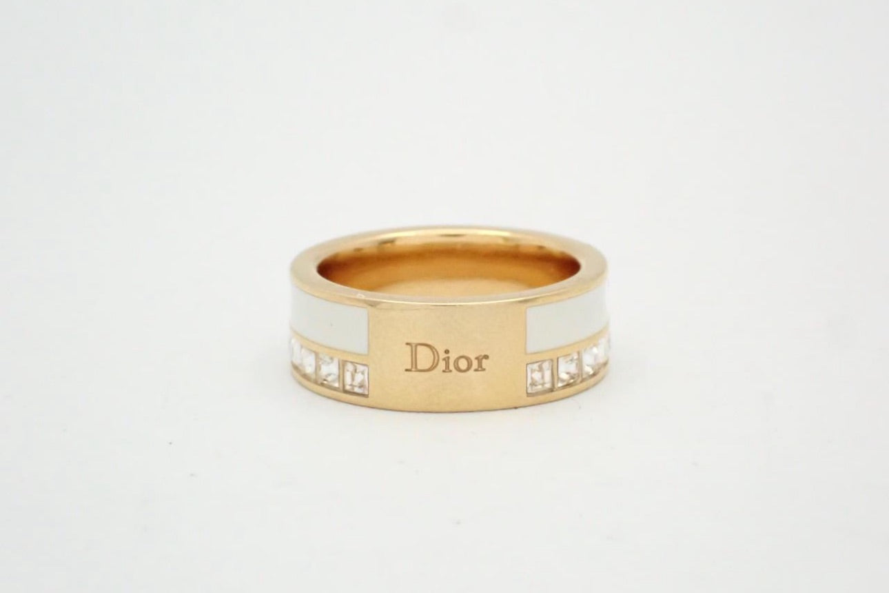 Christian Dior Crystal & White Enamel Logo Ring