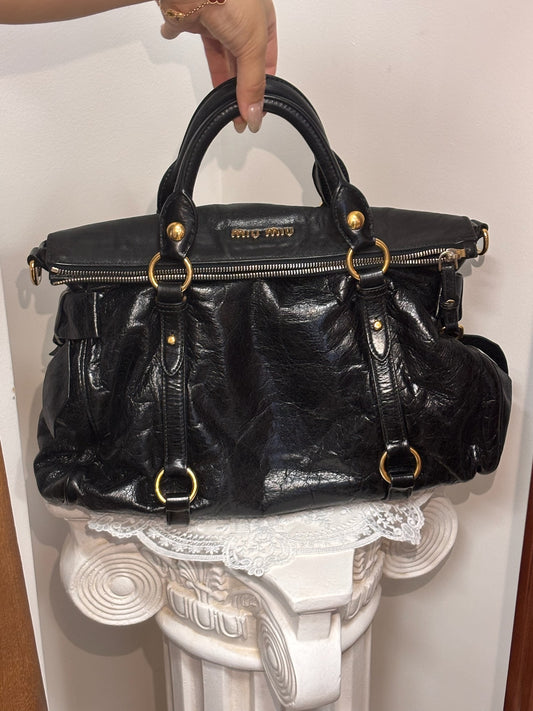 Miu Miu Vintage Black Distressed Leather Satchel