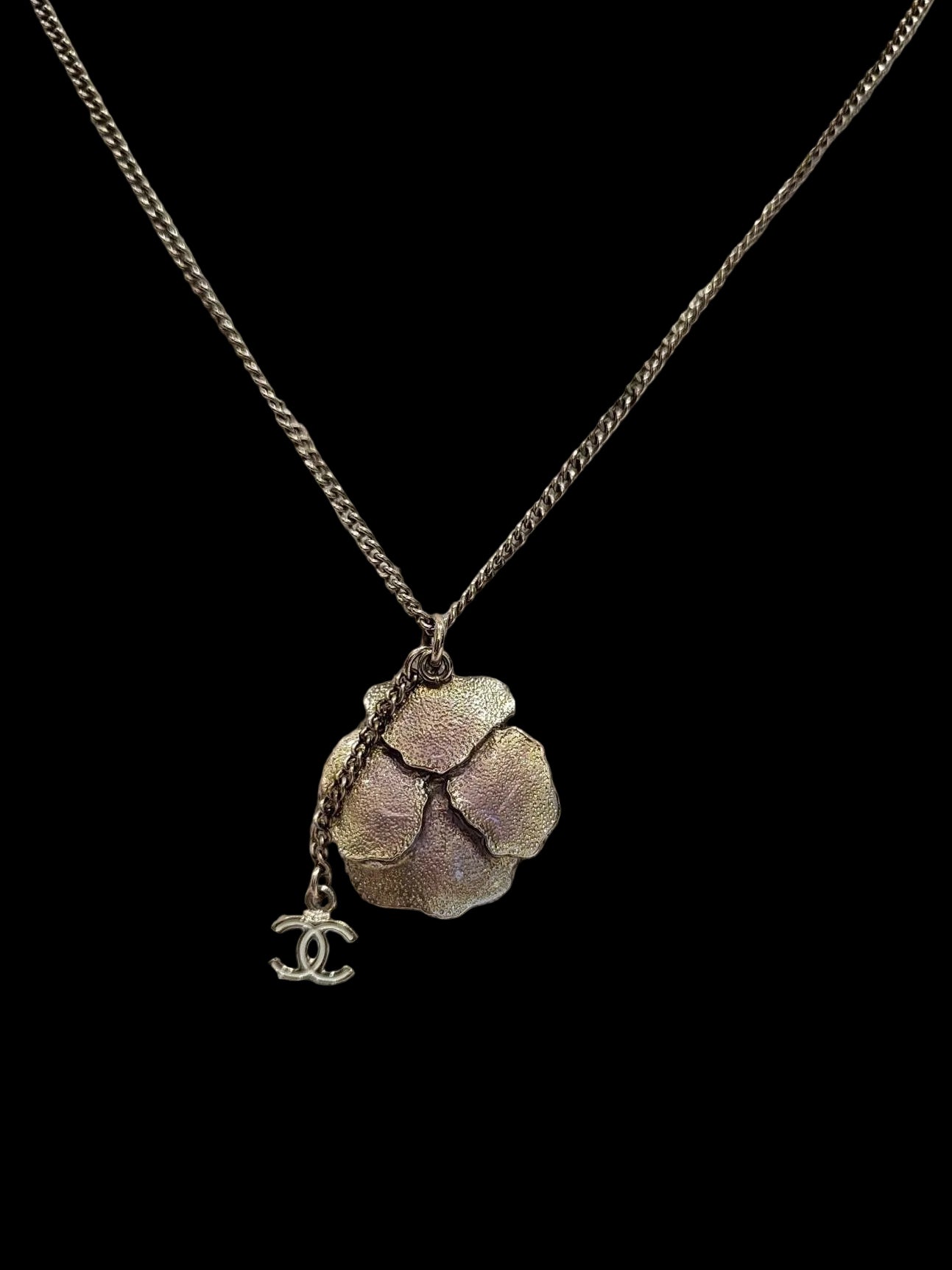 Chanel 2010s “Pansy Petal” Iridescent Enamel & Crystal CC Charm Convertible Necklace