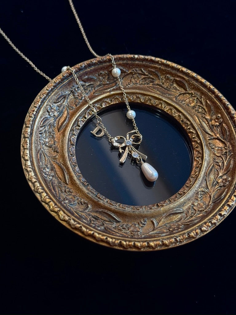Dior Vintage Gold-Tone Pearl Bow Necklace with 'D' Charm