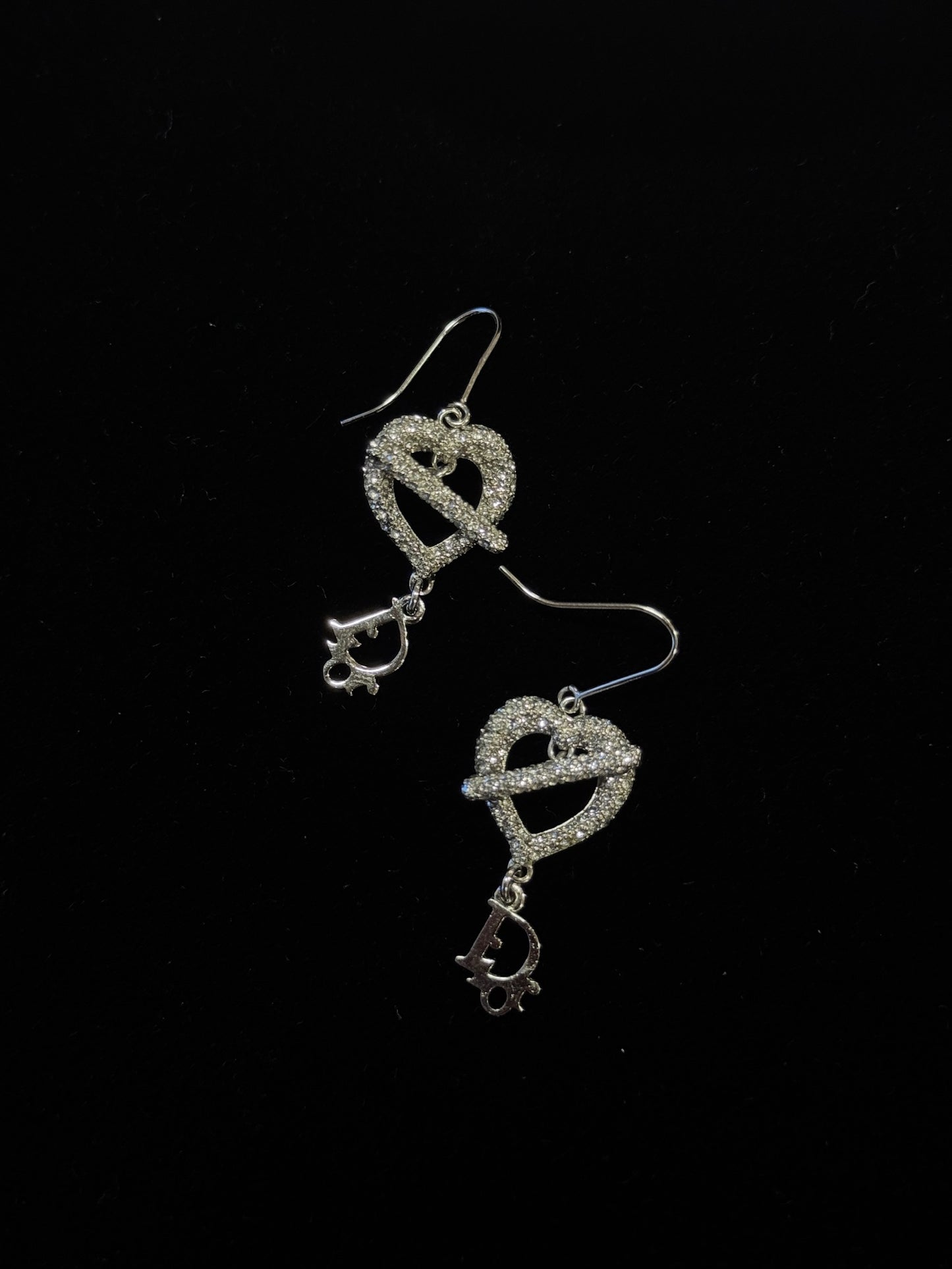 Vintage Dior Crystal Heart Drop Earrings – Silver Tone