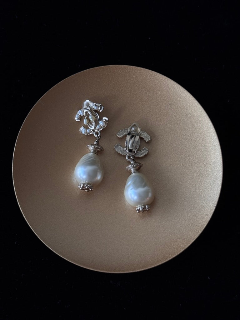 Chanel Vintage Pearl Drop CC Ear Clips