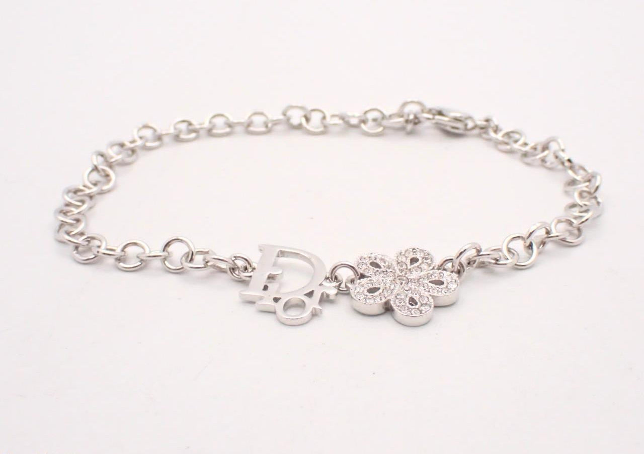 Vintage Dior Flower Logo Charm Bracelet – Silver Tone