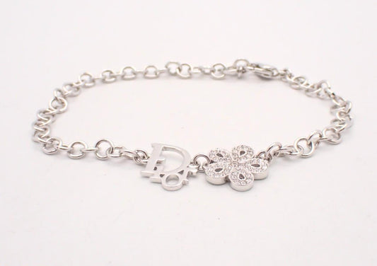 Vintage Dior Flower Logo Charm Bracelet – Silver Tone