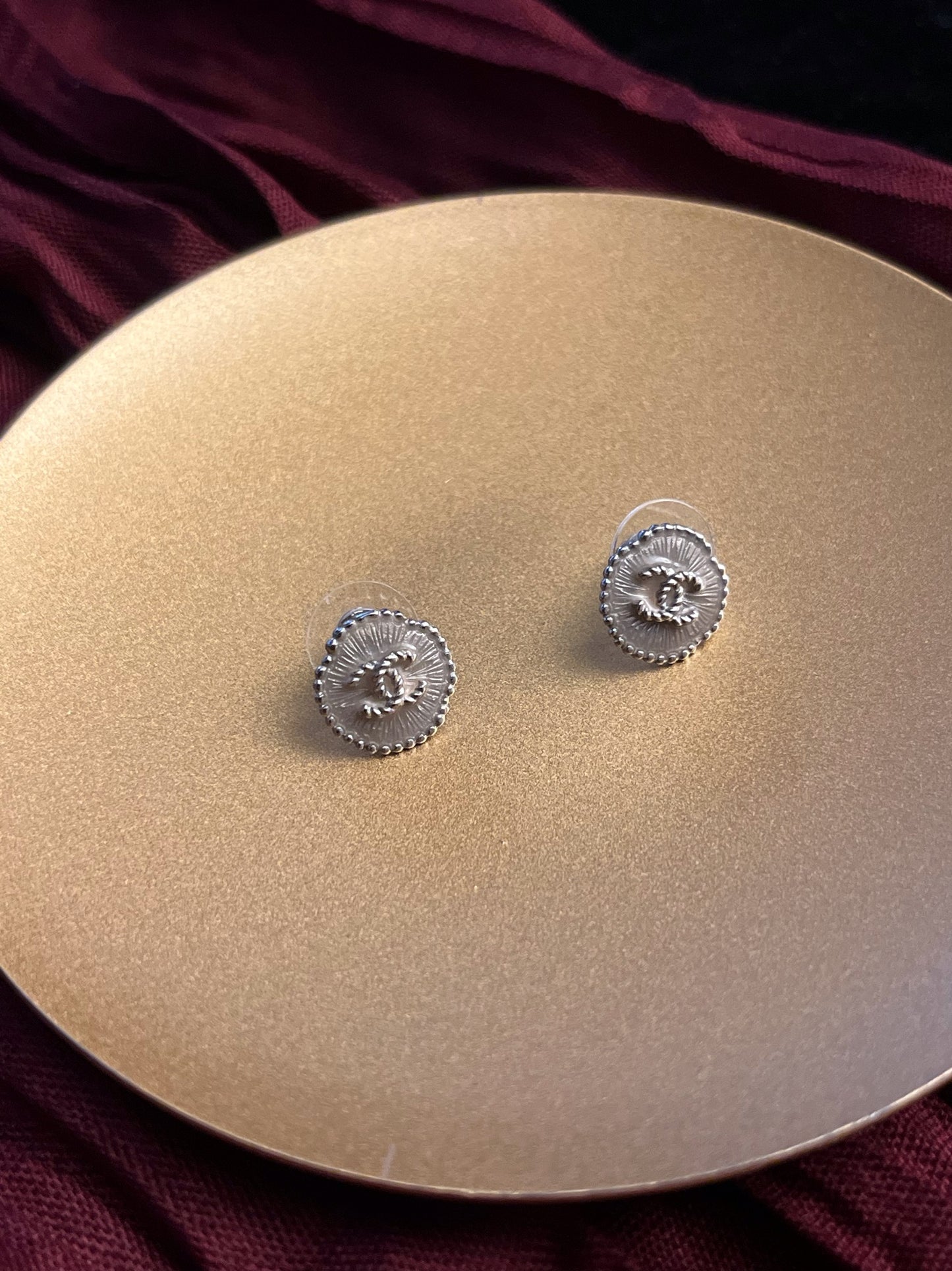 Chanel 2015 Vintage Silver CC Textured Stud Earrings