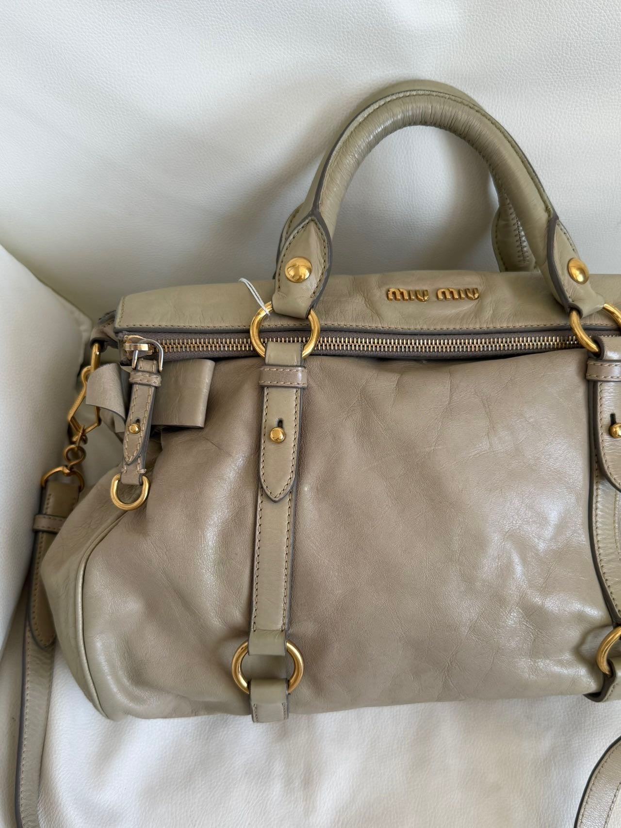 Miu Miu Vitello Lux Bow Satchel – Taupe Grey