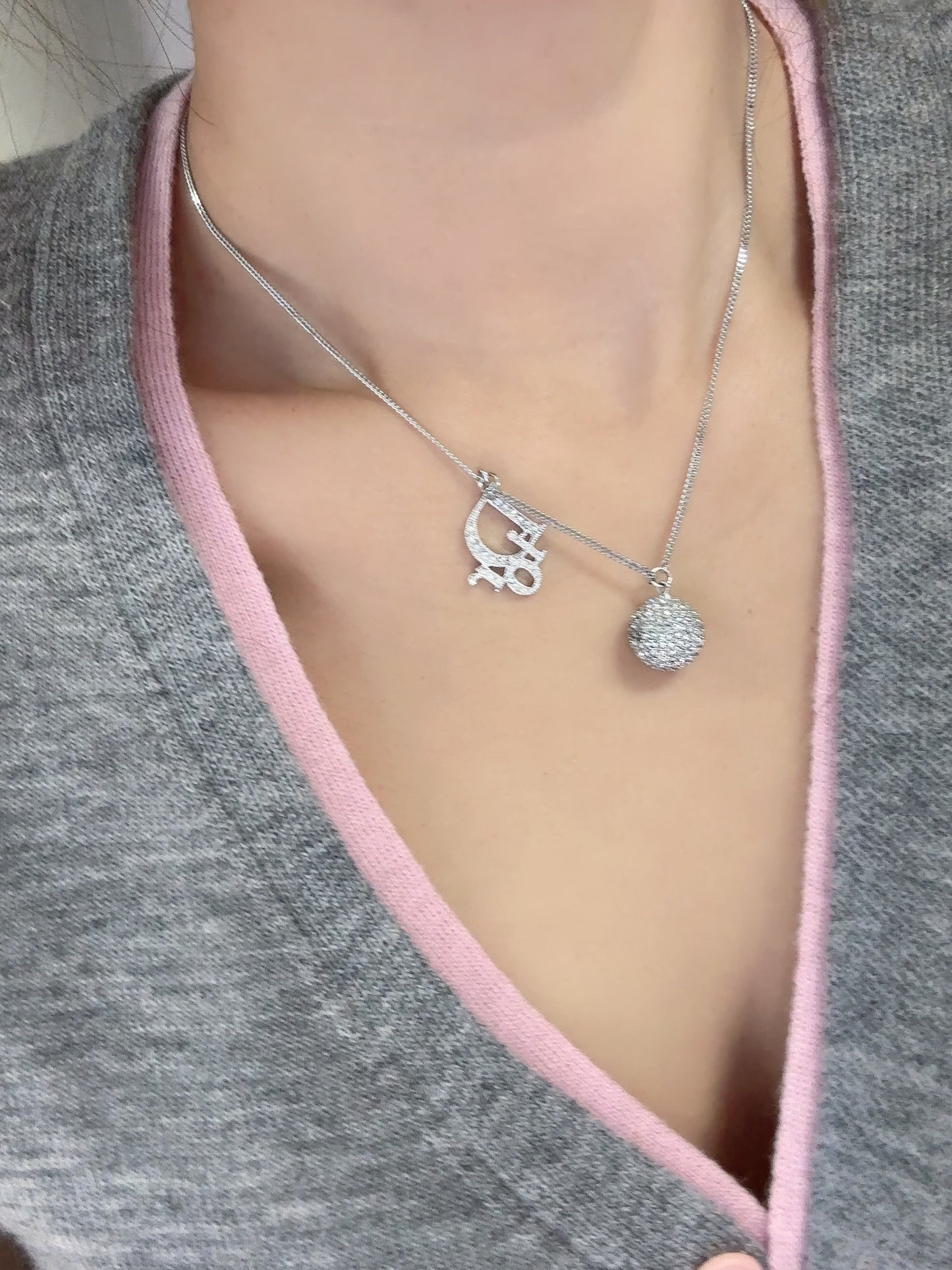 Vintage Dior Crystal Logo Ball Necklace – Silver Tone