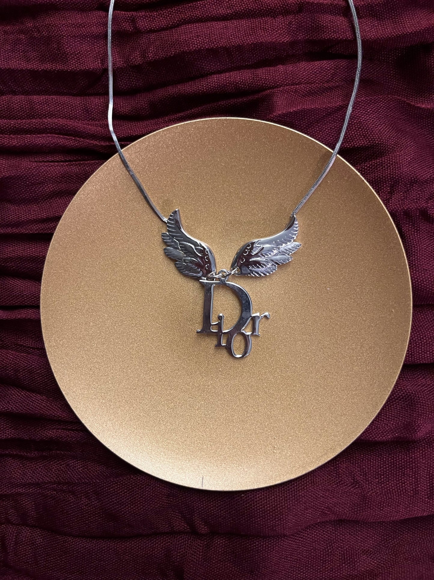 Dior Vintage Silver Angel Wing Logo Necklace