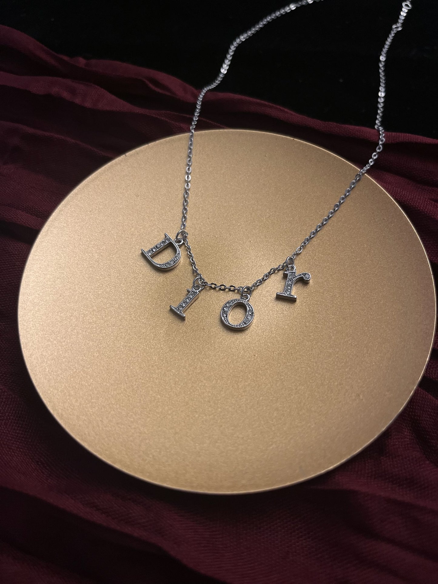 Dior Vintage Silver Logo Crystal Necklace