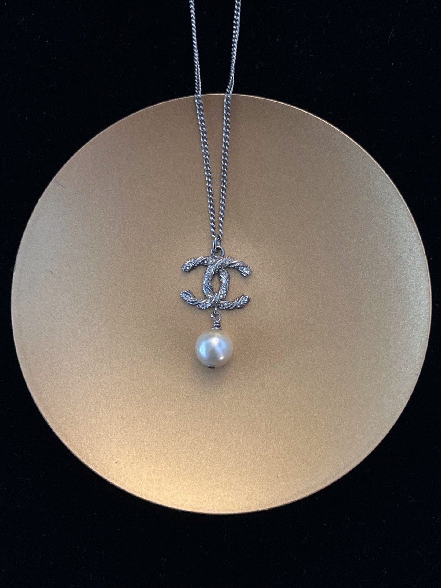 Vintage Chanel Twisted CC Pearl Drop Necklace – Silver Tone