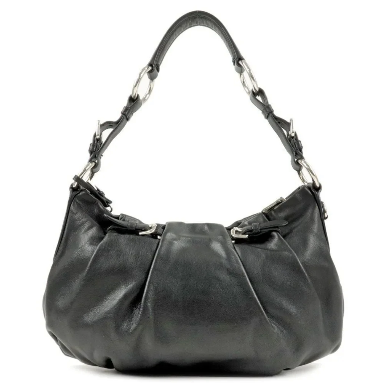 Vintage Prada Black Lambskin Ruched Shoulder Bag with Silver Hardware (Rare piece)