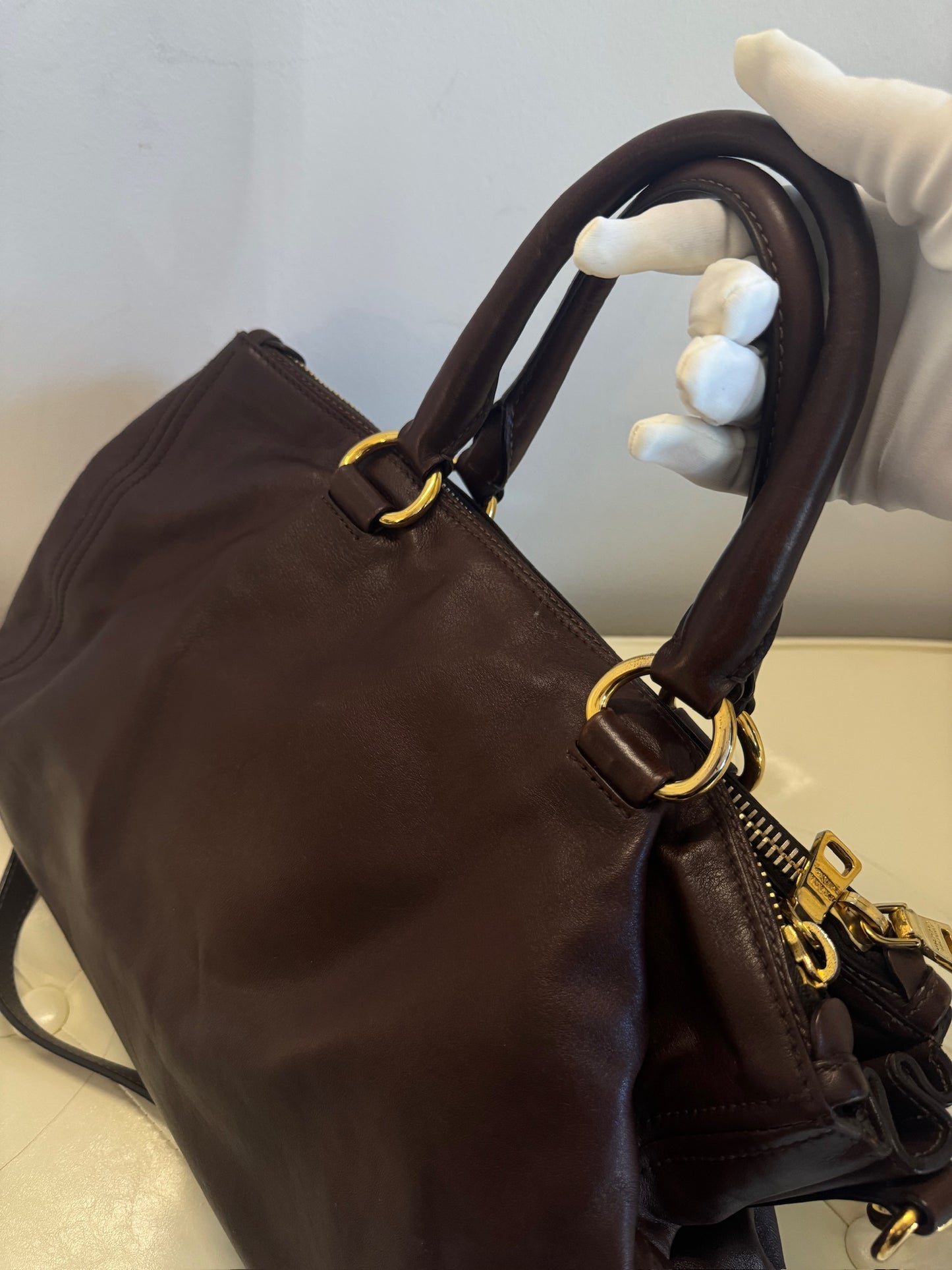 Prada Leather Top Handle Handbag – Dark Brown Large