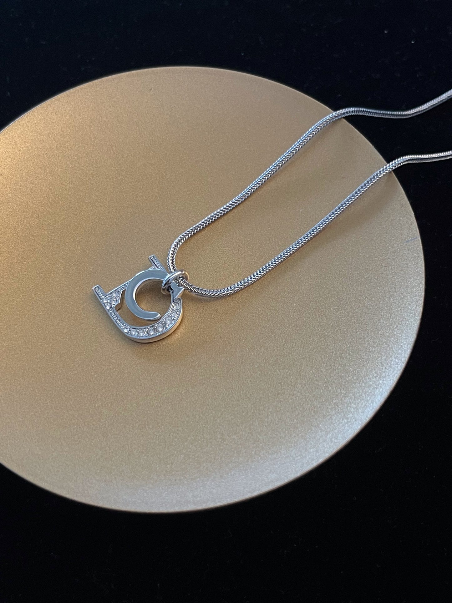 Vintage Dior Crystal Logo Pendant Necklace – Silver Tone