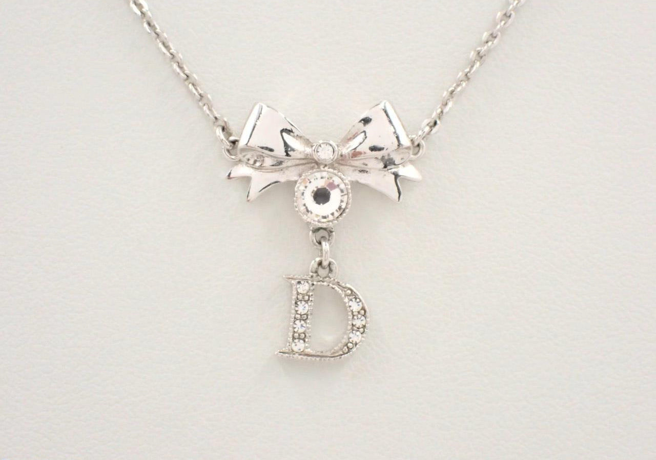 Vintage Dior Silver Bow & Crystal 'D’ Logo Pendant Necklace