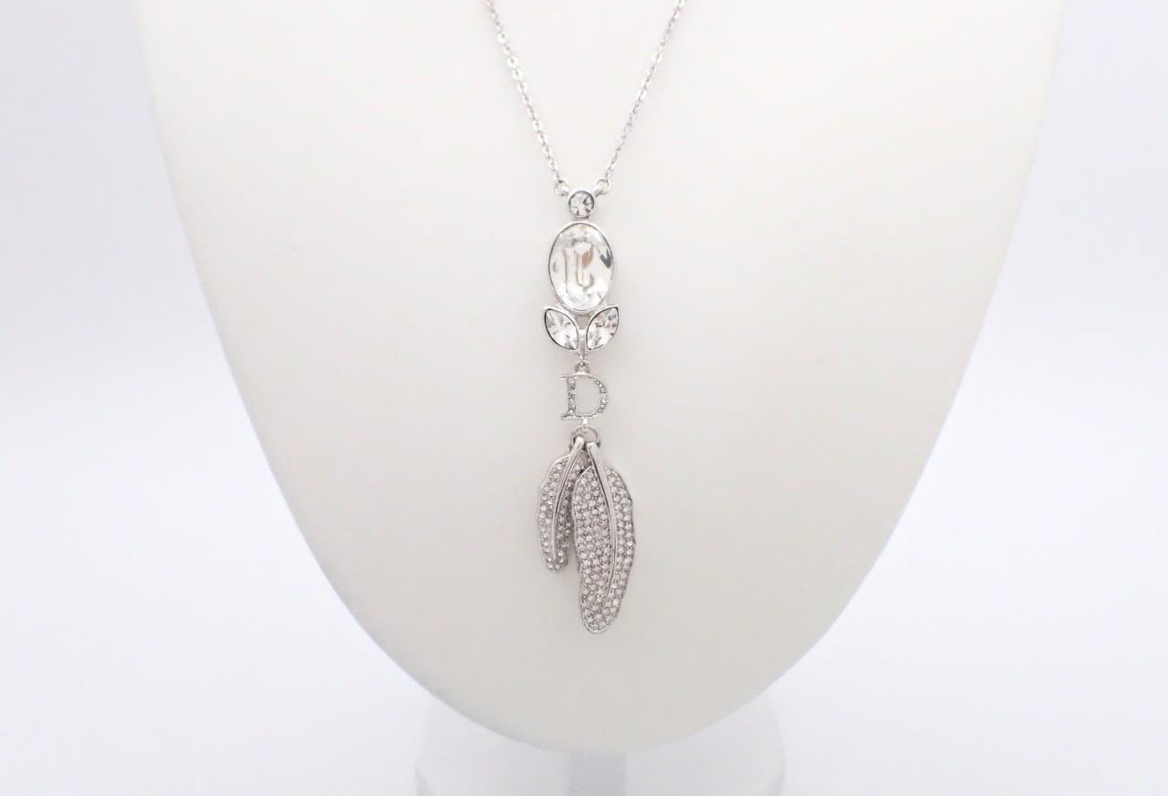 Dior Crystal Leaf Drop Necklace – Silver Tone