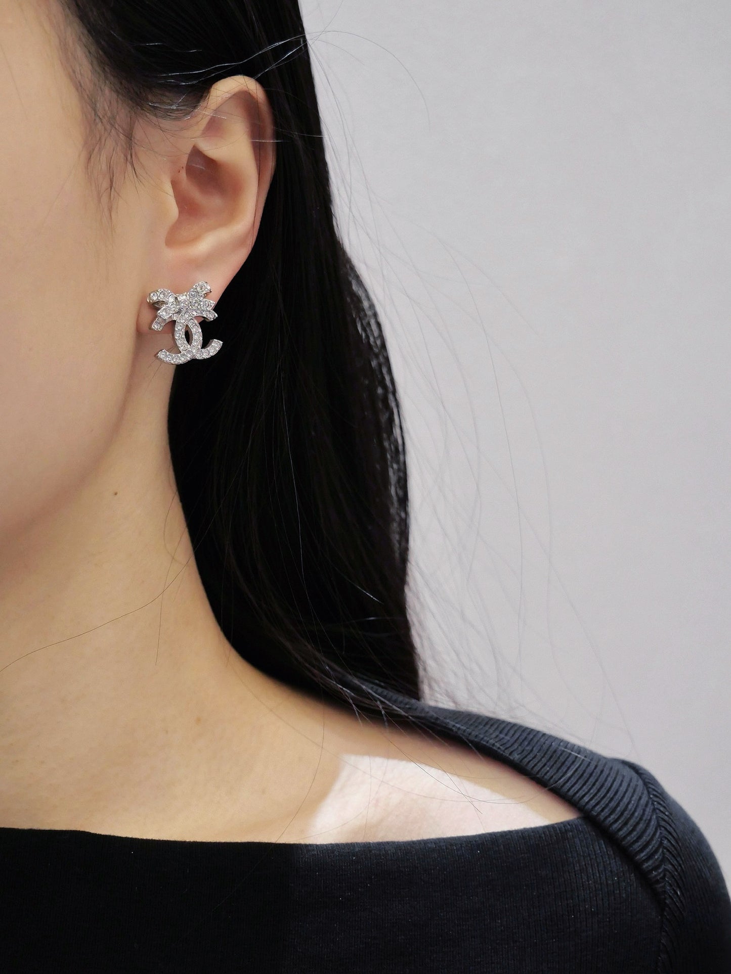 Chanel 2024 Crystal-Embellished Bow CC Stud Earrings
