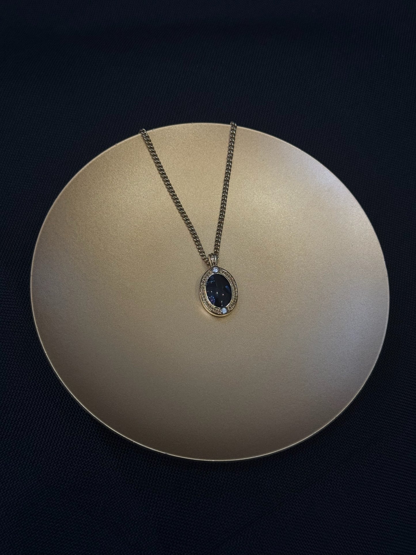 Vintage Dior Black Cabochon & Crystal Oval Pendant Necklace