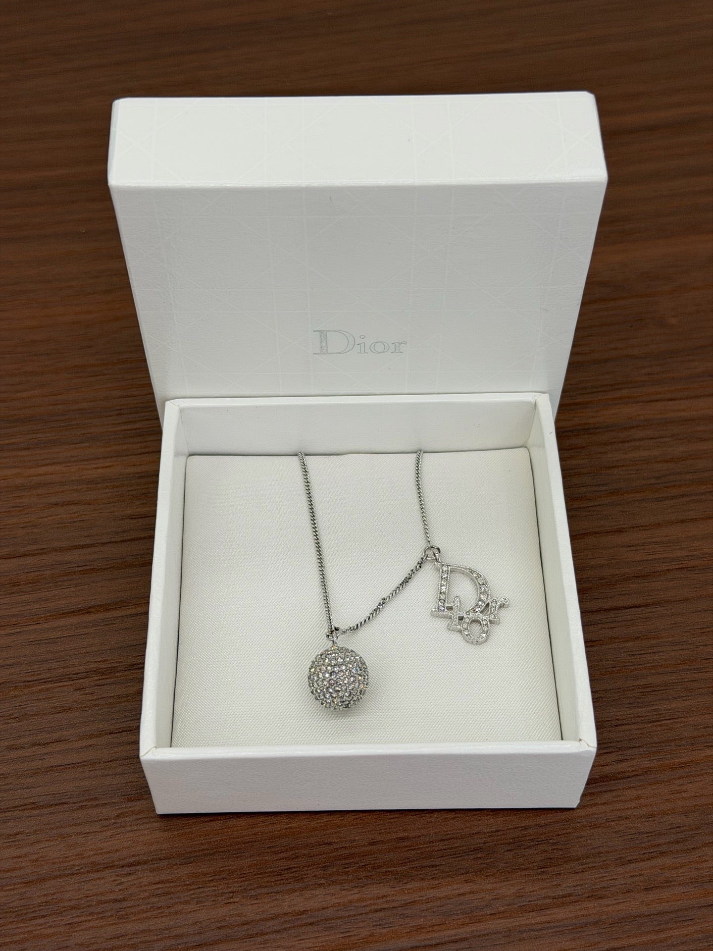 Vintage Dior Crystal Logo Ball Necklace – Silver Tone