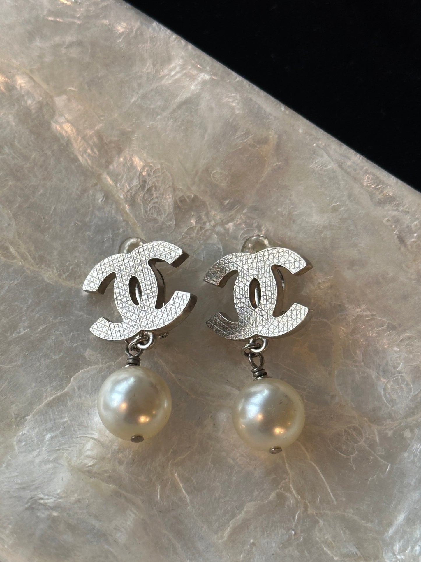 Chanel 1990s "Gilded Drop" Vintage Polished CC & Round Pearl Drop Clip-On Earrings
