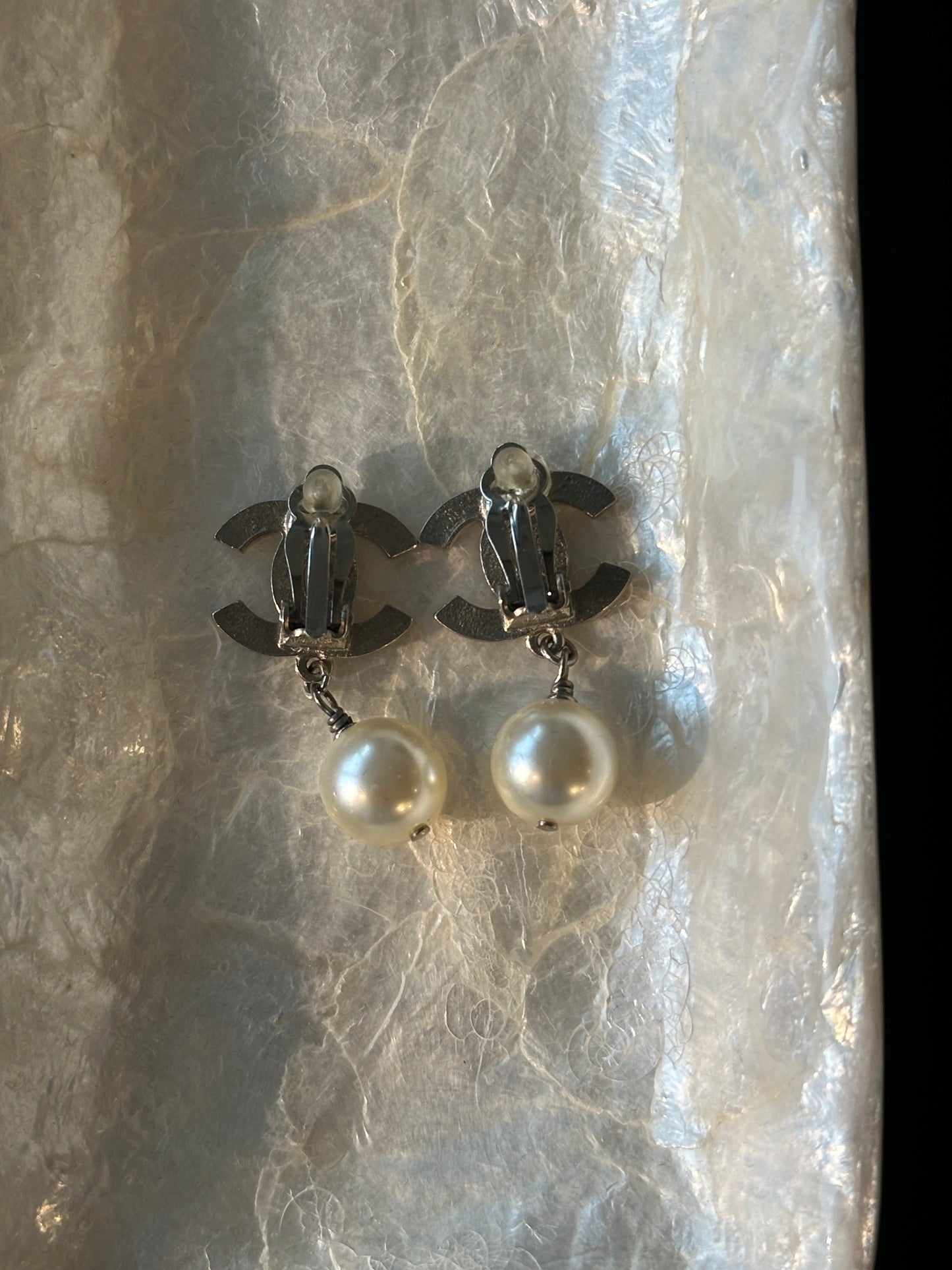 Chanel 1990s "Gilded Drop" Vintage Polished CC & Round Pearl Drop Clip-On Earrings