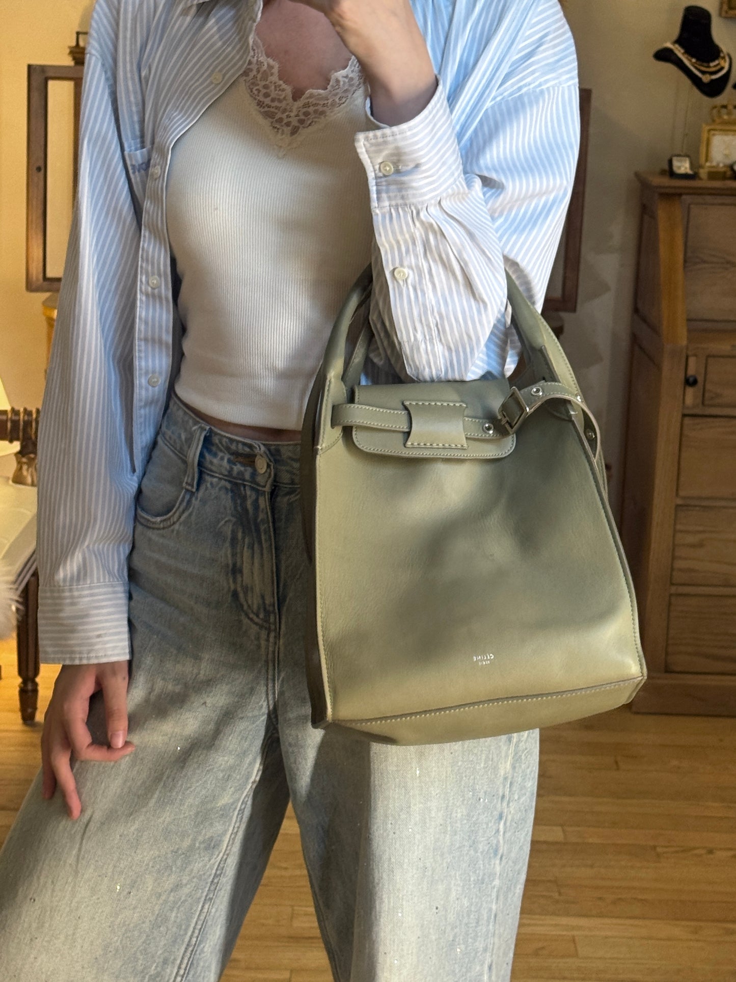 Celine Sage Green Big Bag Bucket Leather Tote