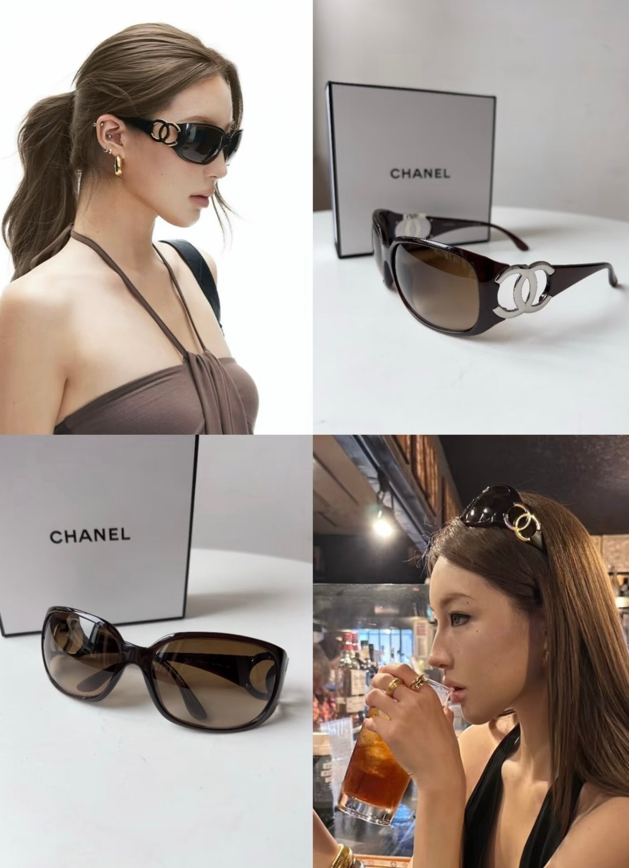 Chanel Mid-2000s "Gilded Arc" Gold Open-CC Rectangular Sunglasses