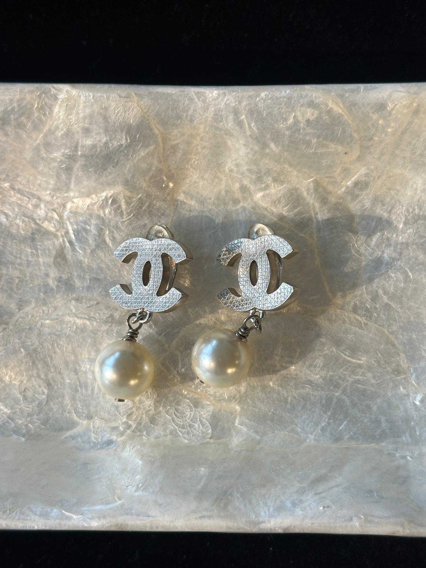 Chanel 1990s "Gilded Drop" Vintage Polished CC & Round Pearl Drop Clip-On Earrings