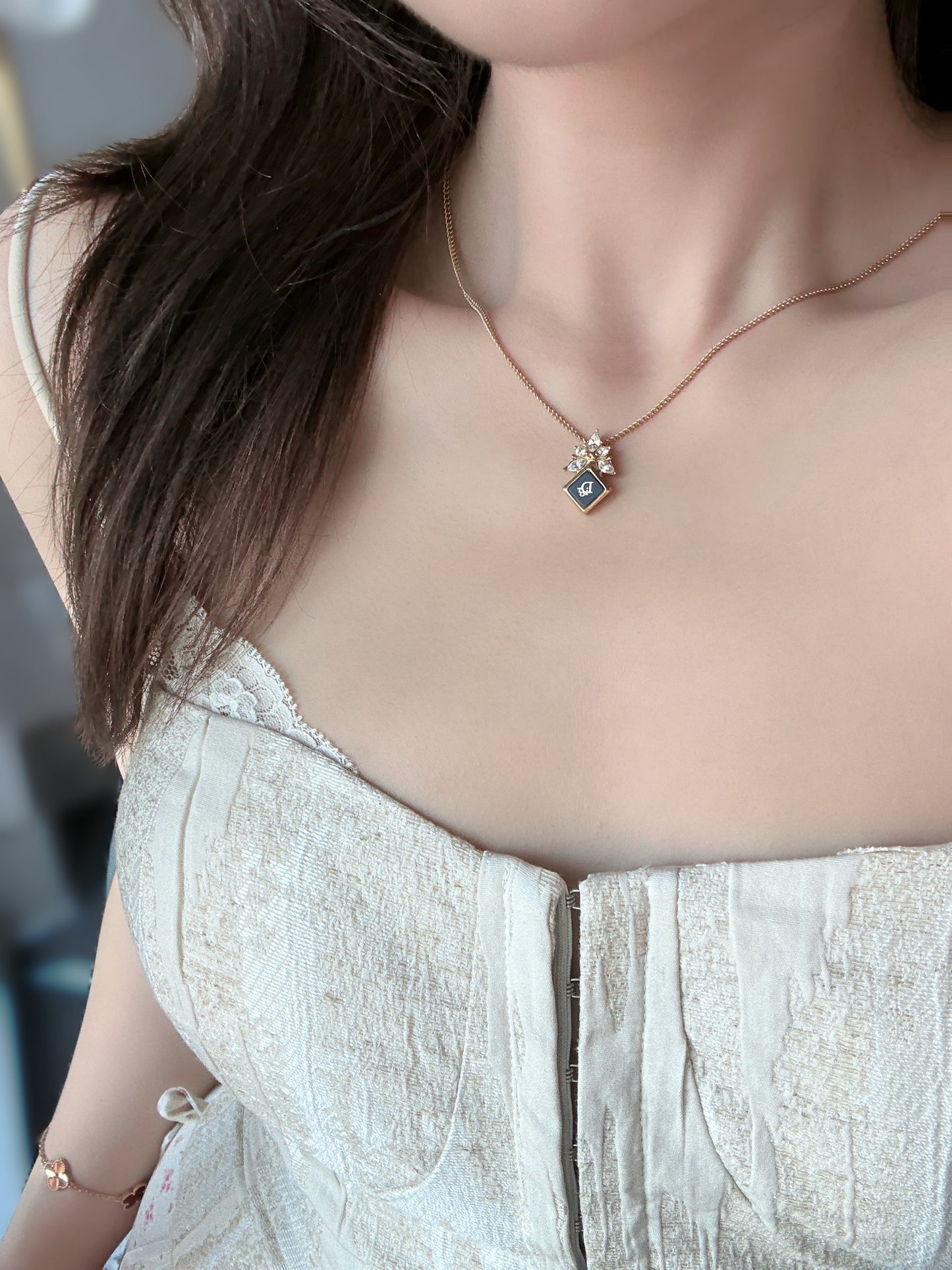 Dior Vintage Gold and Black Enamel Pendant Necklace