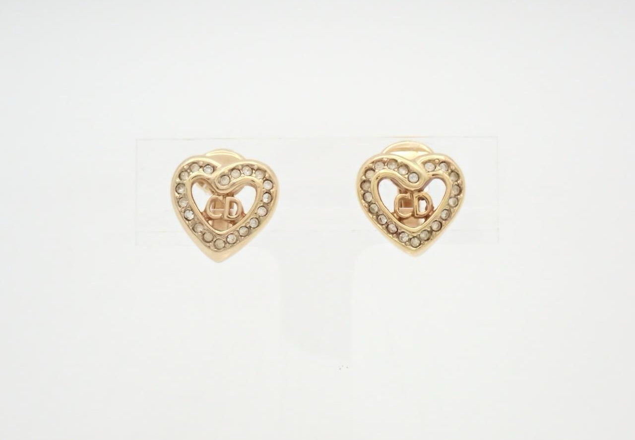 Christian Dior 1990s "Golden Amore" Crystal-Rimmed Heart Logo Clip-On Earrings