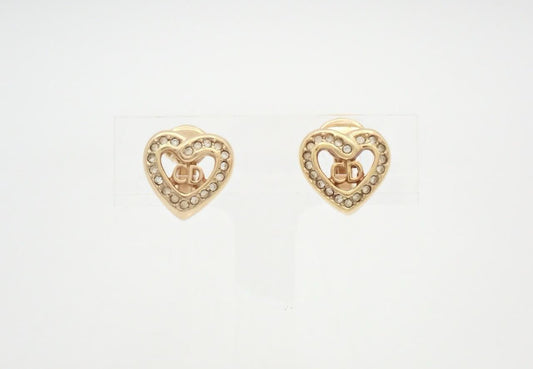 Christian Dior 1990s "Golden Amore" Crystal-Rimmed Heart Logo Clip-On Earrings
