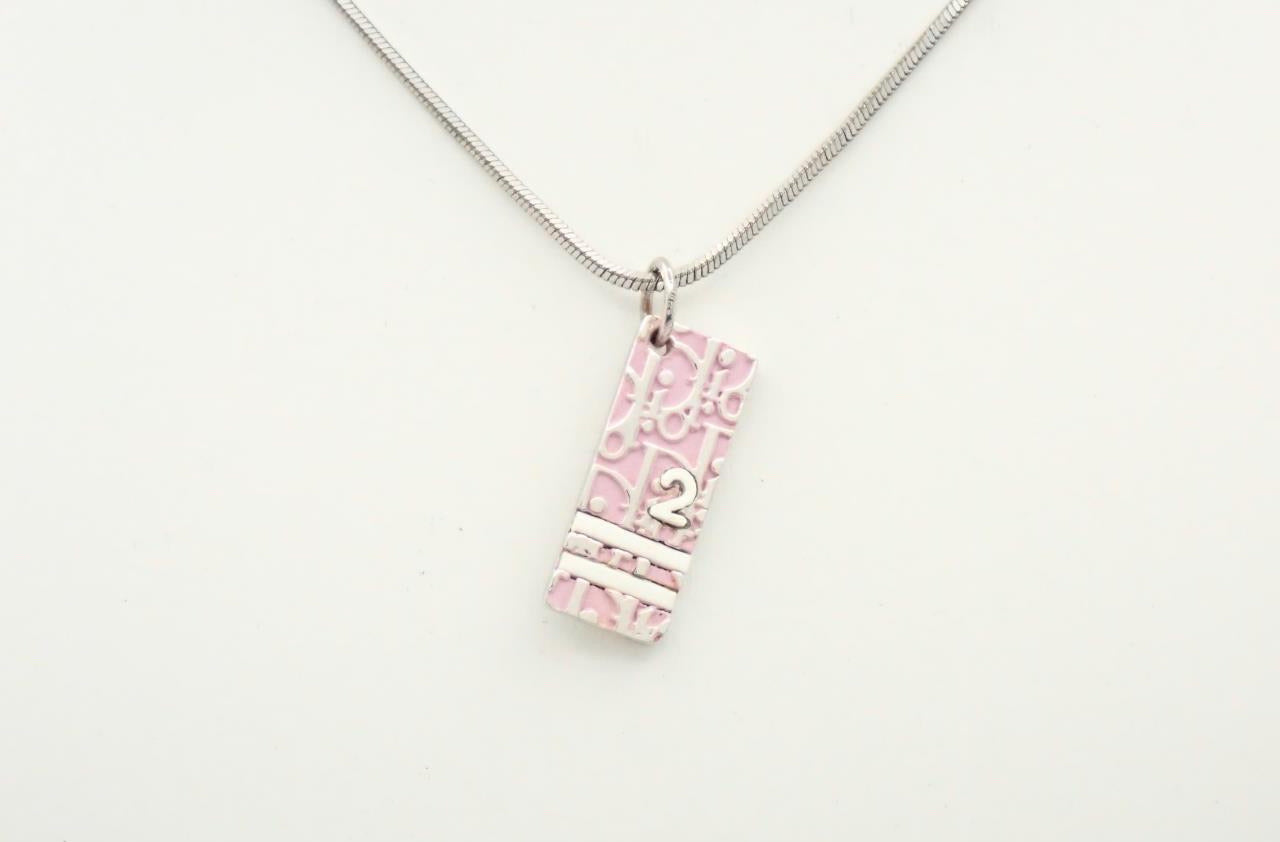 Christian Dior 2000s "Pink Trotter" Enamel Logo Tag Pendant Necklace