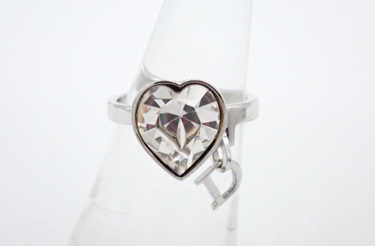 Christian Dior 2000s "Crystal Heart" Bezel-Set Rhinestone Charm Ring